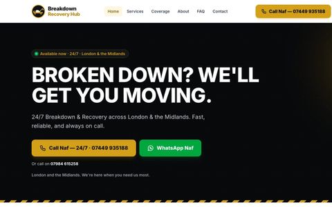 Breakdown Recovery Hub homepage: "Broken down? We'll get you moving" with call and WhatsApp buttons