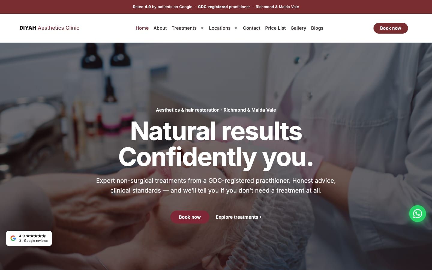 Diyah Aesthetics Clinic homepage: "Natural results, confidently you" with a Book now button