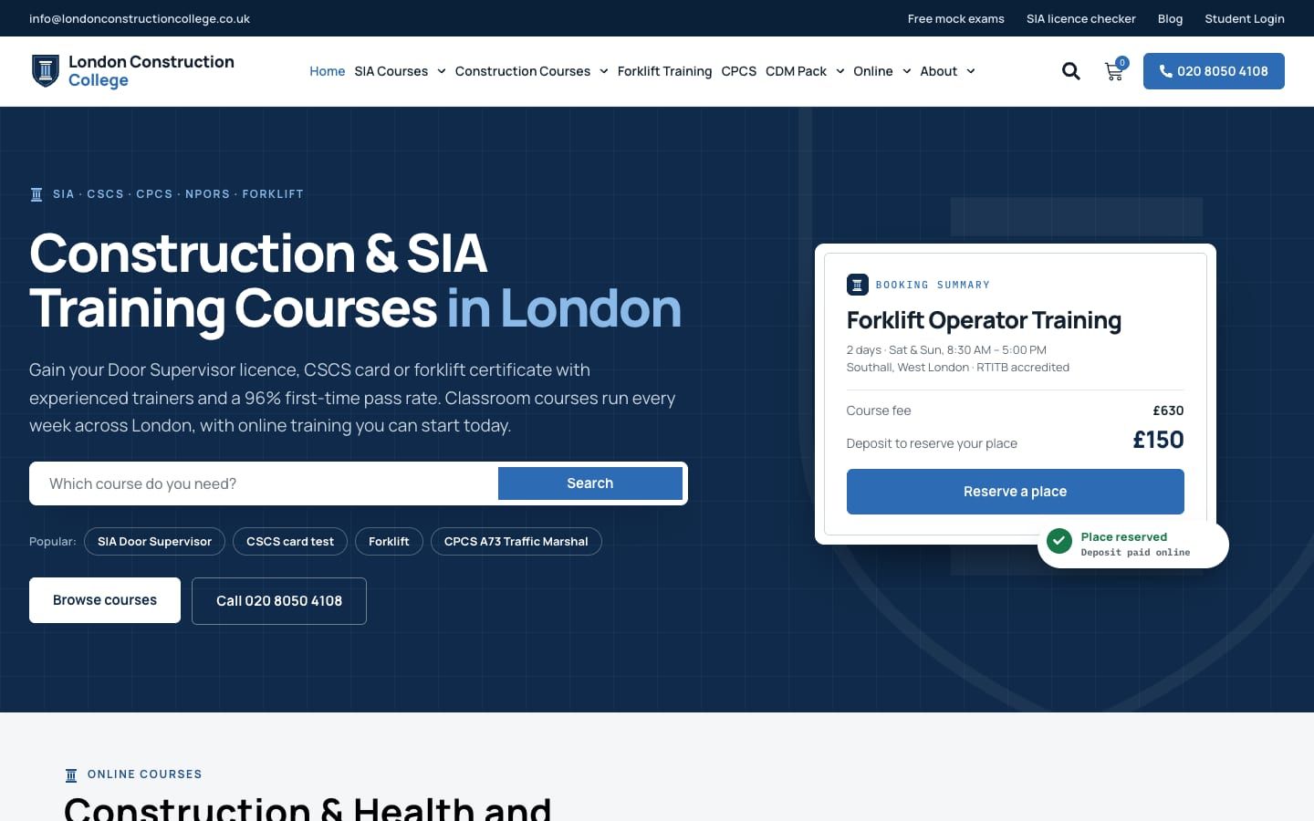 London Construction College homepage: "Construction & SIA Training Courses in London" with a course search box