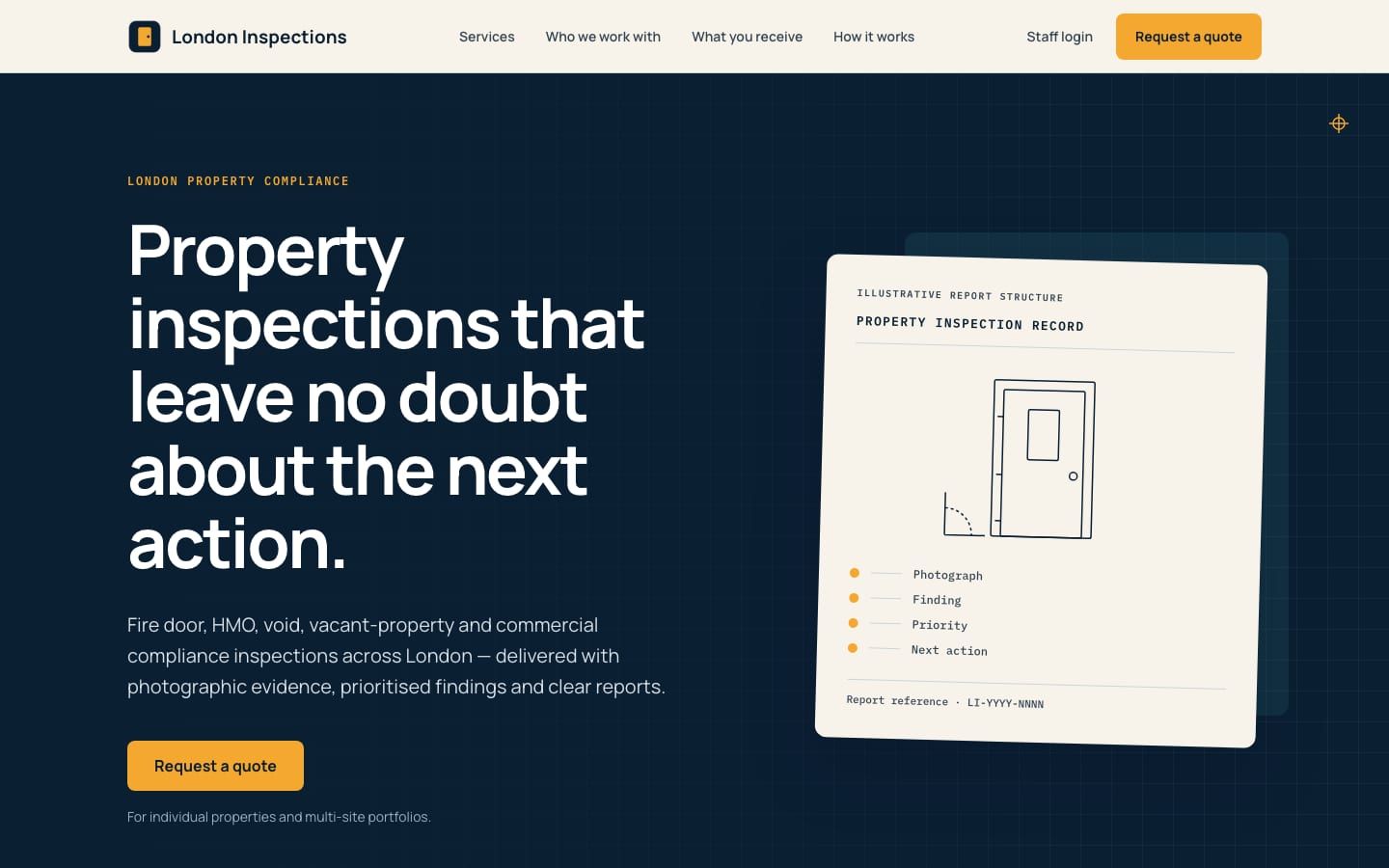 London Inspections homepage: "Property inspections that leave no doubt about the next action"
