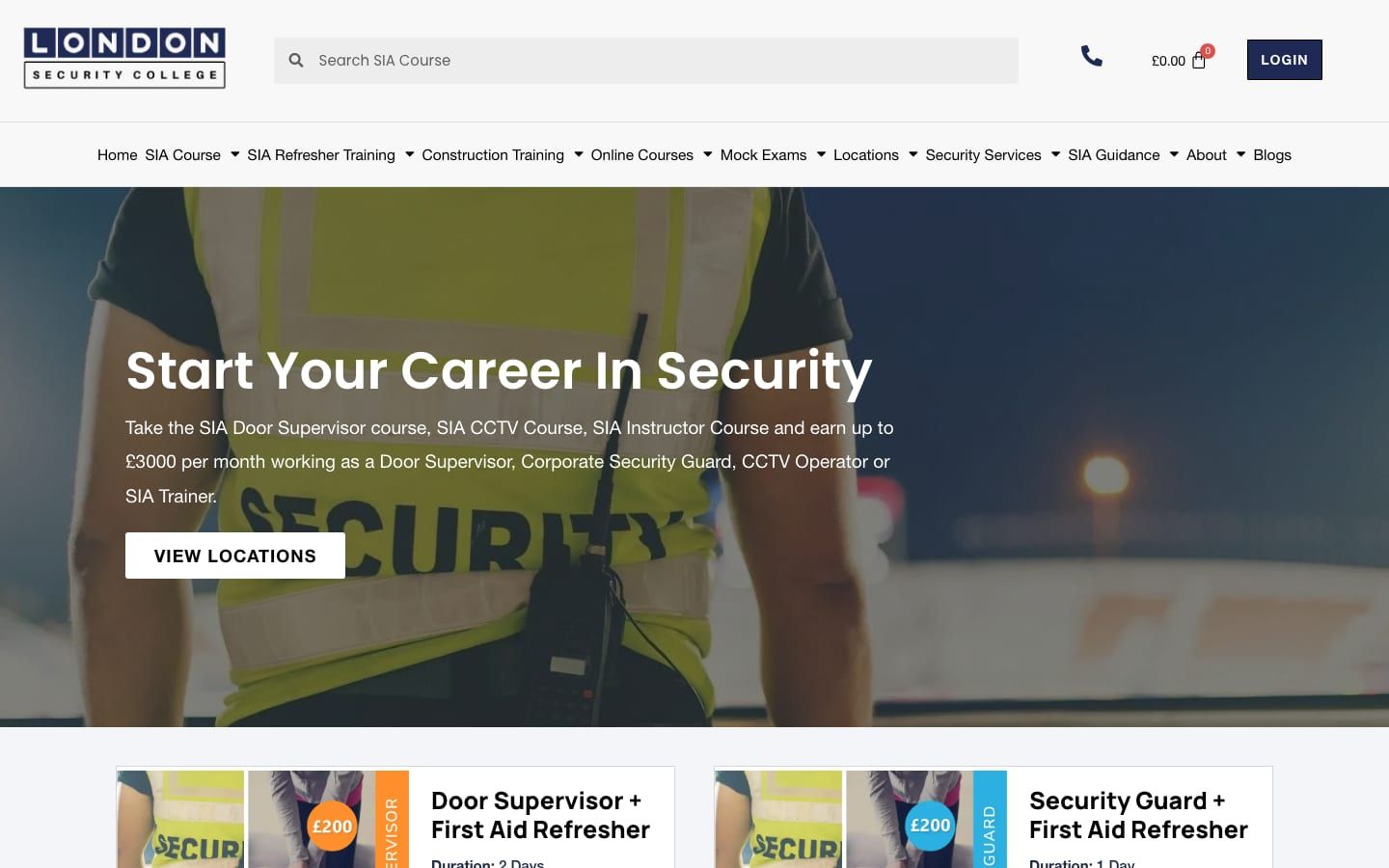 London Security College homepage: "Start Your Career In Security" with SIA course listings
