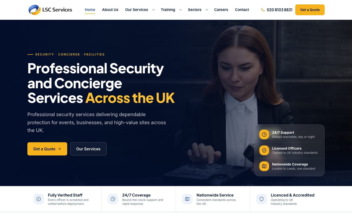 LSC Services homepage: "Professional Security and Concierge Services Across the UK" with Get a Quote and Our Services buttons